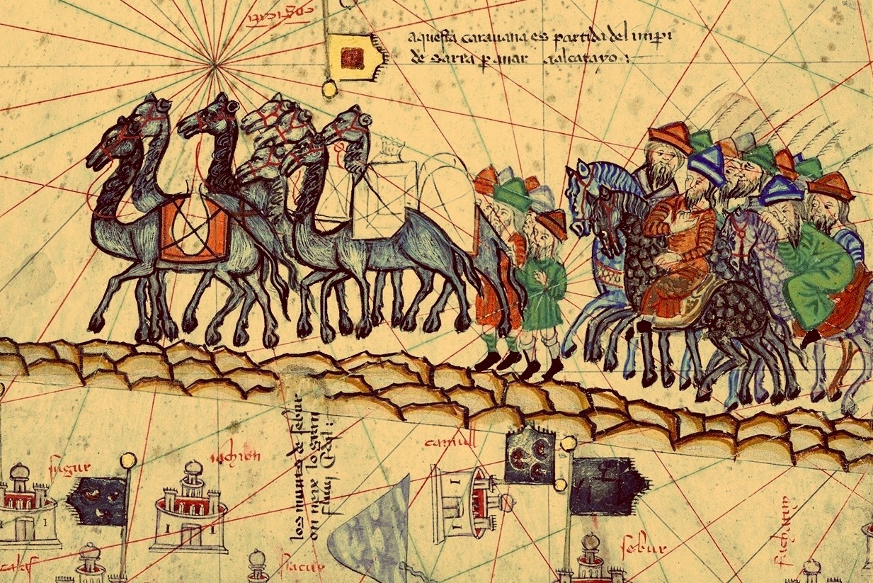 Marco Polo travels east to the court of Kublai Khan in a Silk Road caravan during the Pax Mongolica, from the Catalan Atlas c. 1375 CE