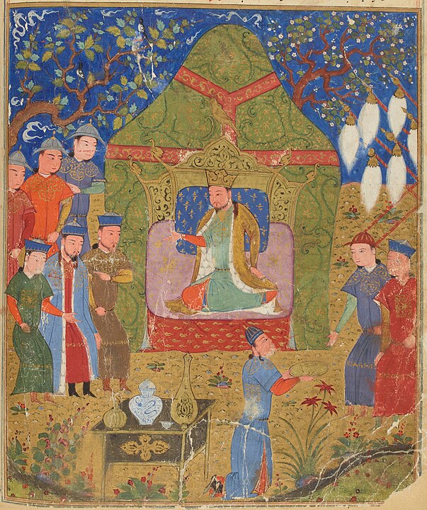 Temüjin proclaimed Chinggis Khan with his sons, Jāmiʿ al-Tawārīkh, c. 1430.